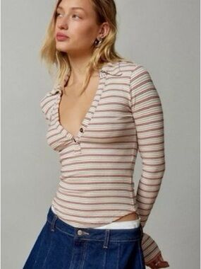 BDG Striped Henley Long Sleeve Top in Cream, Pink, and Tan